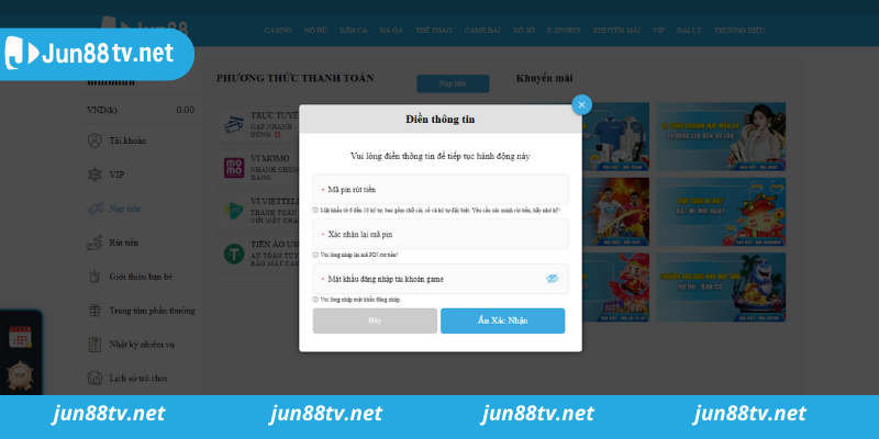 Điều kiện nạp tiền trên trang Jun88